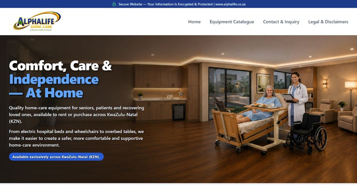 Alphalife business website with equipment information and customer enquiry options