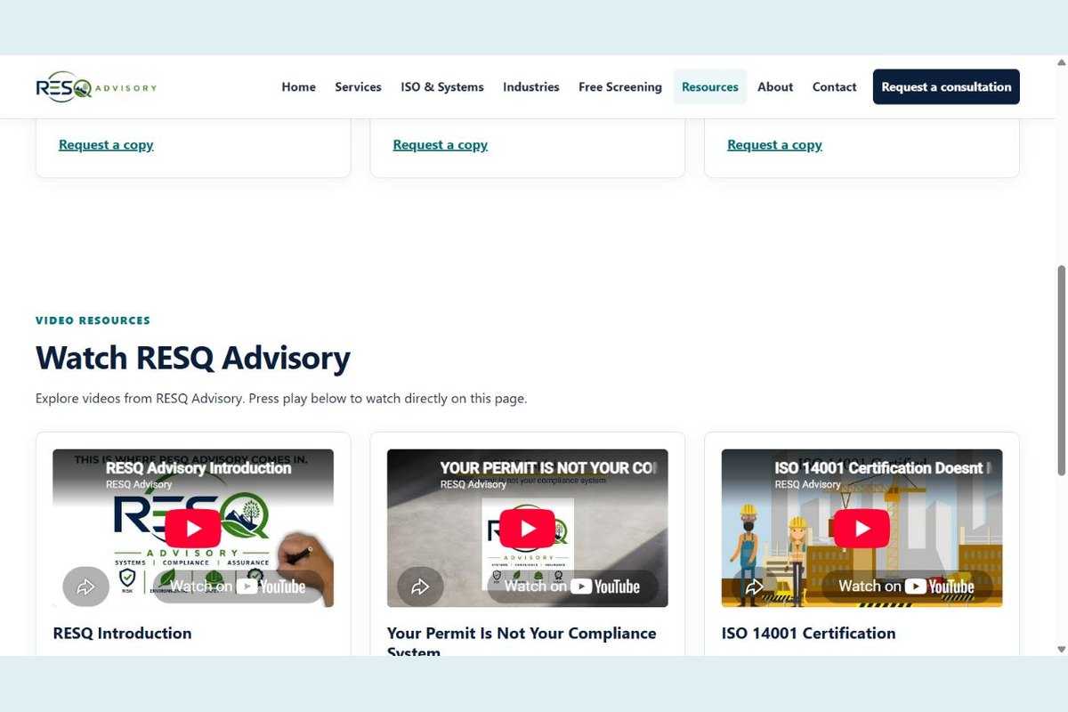 RESQ Advisory resource page and embedded video resources
